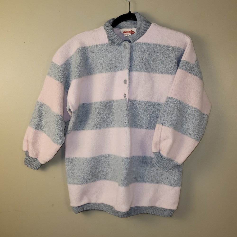 Vintage 90s Randy Hall Fleece Pullover Pink Gray‎ Stripe USA Soft Button...